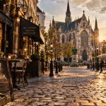 Quartier sablon Bruxelles, vue Grand Sablon et église Notre-Dame